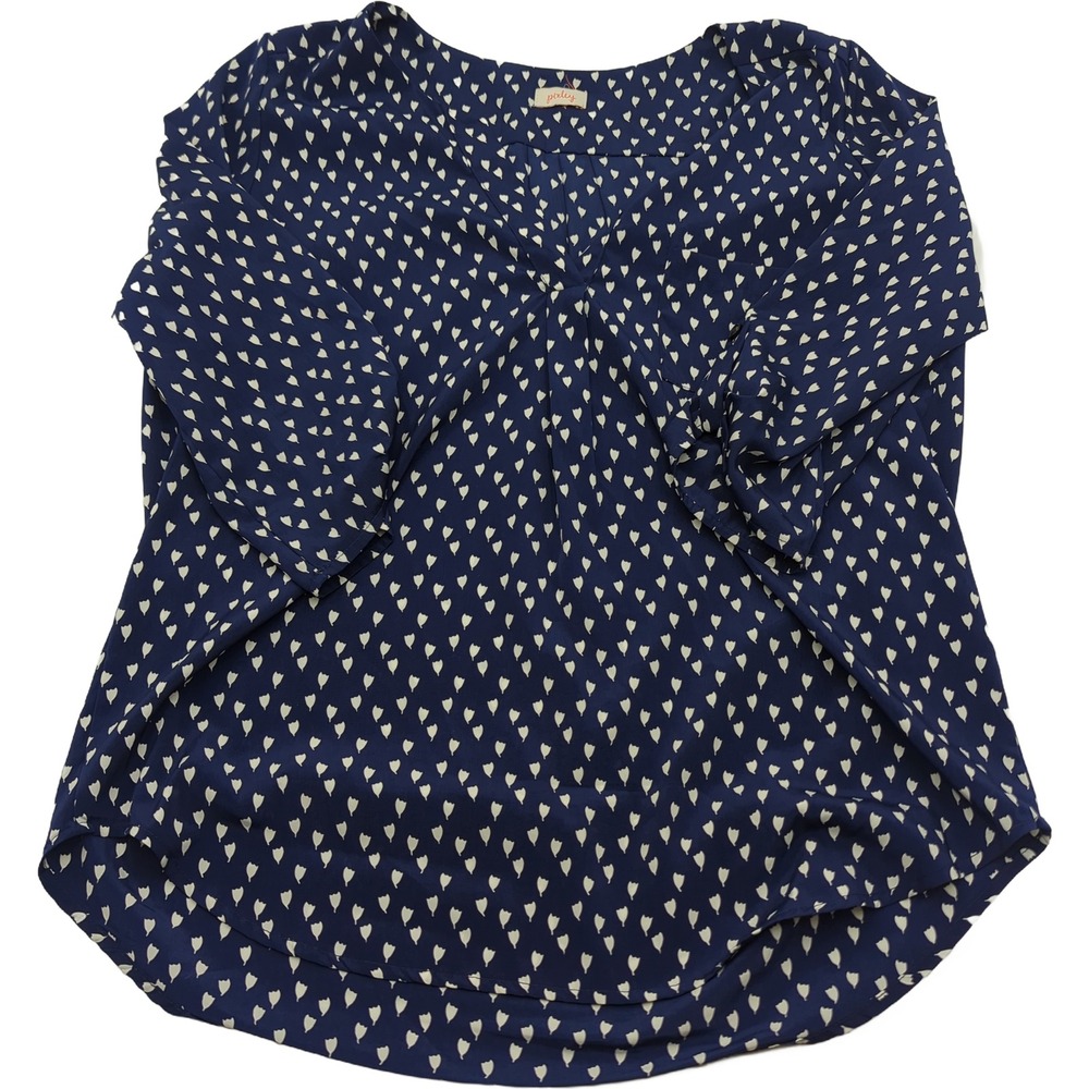 Pixley Navy Blue White Tulip Print Roll Tab Sleeve V-Neck Blouse Medium